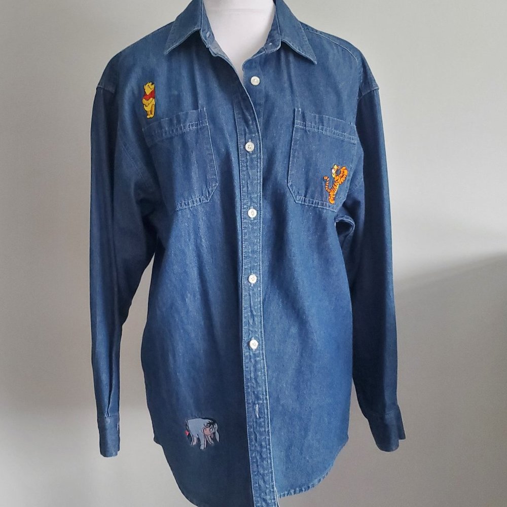 Embroidered Winnie the Pooh Button-down Denim Shirt